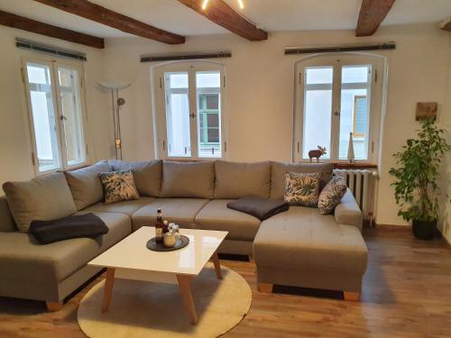 uma sala de estar com um sofá e uma mesa em Ferienwohnung Ines Wolf in der Meißner Innenstadt em Meissen