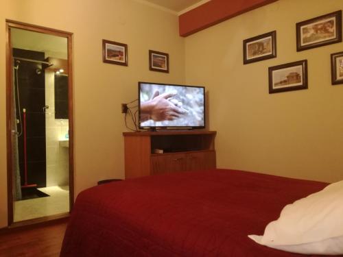 a bedroom with a bed and a flat screen tv at Hostal Cagnapa Restobar in Uyuni