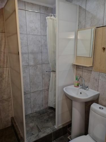 een badkamer met een toilet, een wastafel en een douche bij Квартира в центре Гомеля in Gomel