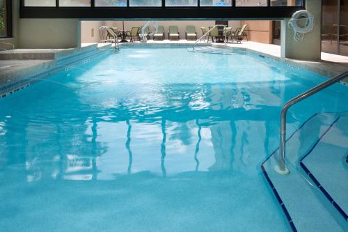 a large swimming pool with blue water in a hotel at Holiday Inn Express Hotel & Suites Jacksonville Airport by IHG in Jacksonville