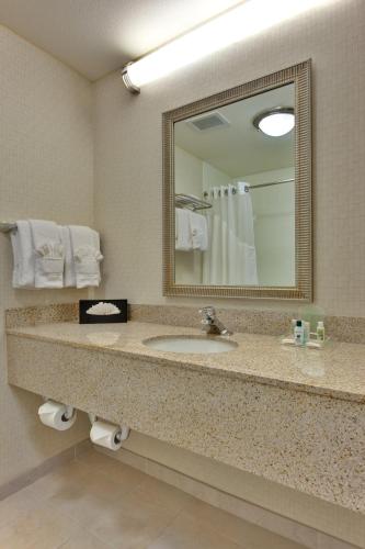 a bathroom with a sink and a mirror at Holiday Inn & Suites Bakersfield by IHG in Bakersfield
