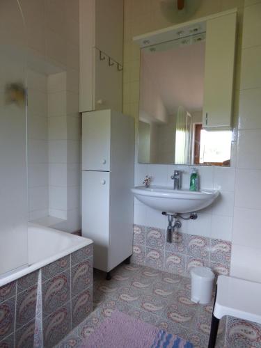 a bathroom with a sink and a mirror and a tub at HEDRA in Zambratija