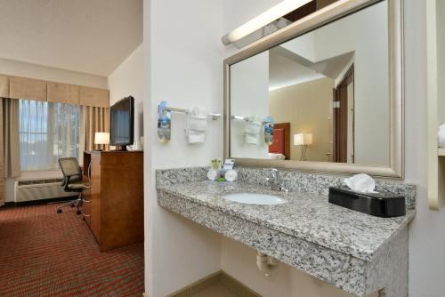 a bathroom with a sink and a mirror at Holiday Inn Express Boston-Milford by IHG in Milford