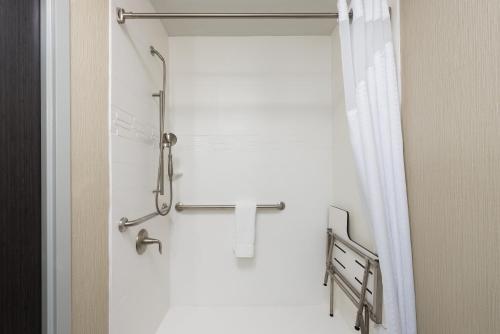 a shower stall in a bathroom with a curtain at Holiday Inn Express and Suites Norman by IHG in Norman