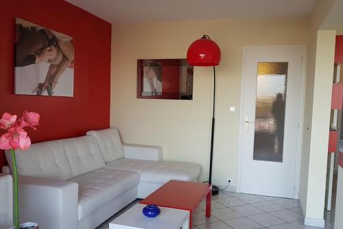 カップ・ダグドにあるCap d'Agde Naturist Héliopolis F61 vue merの白いソファと赤い壁のリビングルーム