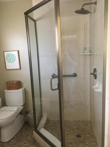 a shower stall in a bathroom with a toilet at Cambria Shores Inn in Cambria