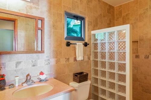 uma casa de banho com um lavatório, um WC e um espelho. em Villas Iguana A-2 Beachfront Condo em Rivas