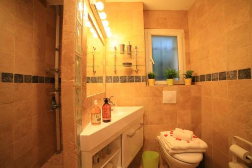 y baño con aseo, lavabo y espejo. en Villa piscine chauffée en option Provence 11 personnes en Bormes-les-Mimosas