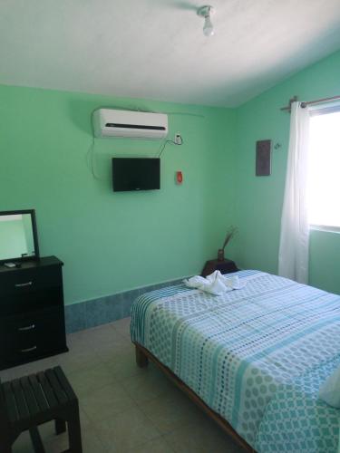 a bedroom with a bed and a air conditioner at Hospedaje Wotoch Aayin in Venecia