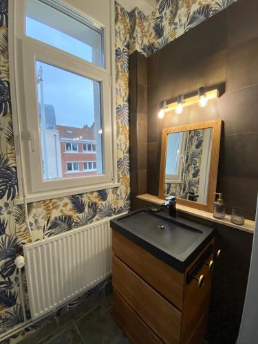 une salle de bain avec un lavabo et une fenêtre dans l'établissement Gîte La Villa Perroy à proximité de la plage, à Dunkerque