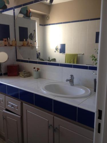 a bathroom with a sink and a mirror at Appartement vue mer in Six-Fours-les-Plages