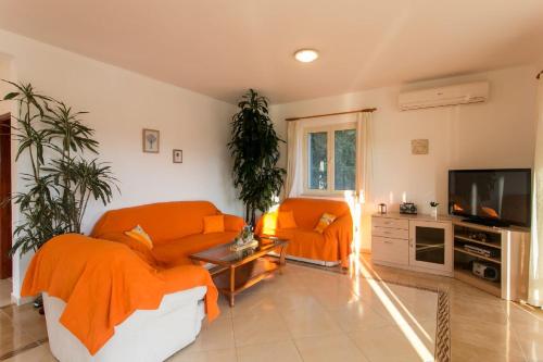 salon z pomarańczowymi meblami i telewizorem z płaskim ekranem w obiekcie Bodul Vacation Apartment w mieście Zaton