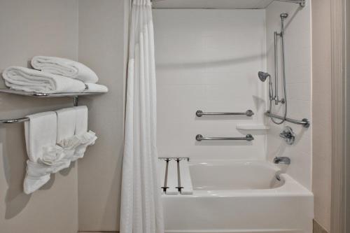 a bathroom with a shower and a white tub and a sink at Holiday Inn Express Hotel & Suites Manchester Conference Center by IHG in Manchester