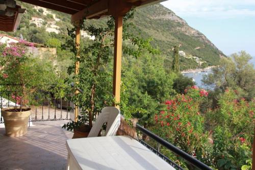 a porch with a table and flowers and a mountain at Vardia rooms & apartments in Mikros Gialos