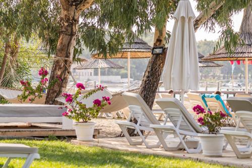a group of lawn chairs and an umbrella and flowers at Mark Warner Phokaia Beach Resort in Foca
