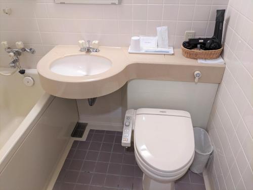 a small bathroom with a sink and a toilet at Toyama Jiyukan in Toyama