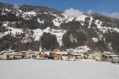a town in the snow with a mountain in the background at Hotel Untermetzger in Zell am Ziller
