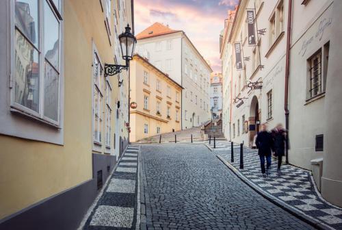 a group of people walking down a cobblestone street at Hotel At the Green Grape in Prague