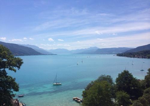a view of a lake with a boat in the water at Hotel Attersee in Seewalchen