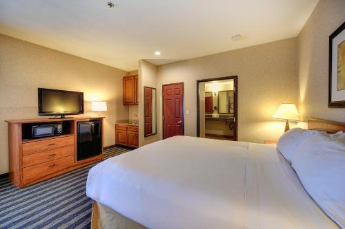 a hotel room with a large bed and a television at Holiday Inn Express Hotel & Suites Manteca by IHG in Manteca