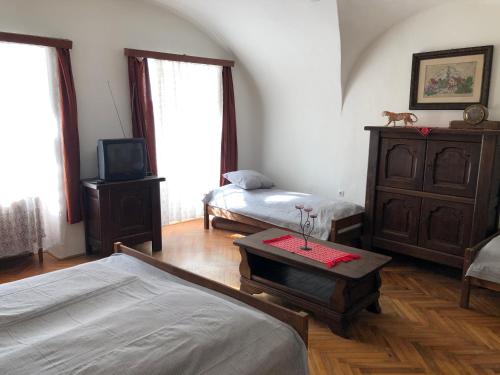 a living room with two beds and a tv at Apartman Bécsi utca in Sopron