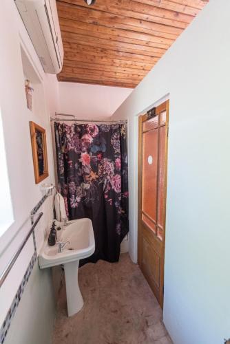 a bathroom with a sink and a shower curtain at Leo Guest House in Robertson