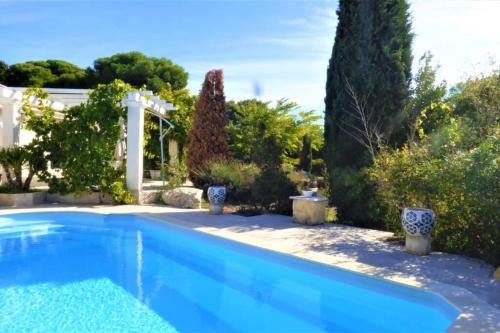 a swimming pool in a yard with trees at Ibis - villa avec piscine, jardin et parking in Arles