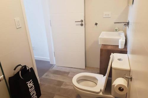 a bathroom with a white toilet and a sink at EXCELENTE y completisimo monoambiente con cochera in Mar del Plata