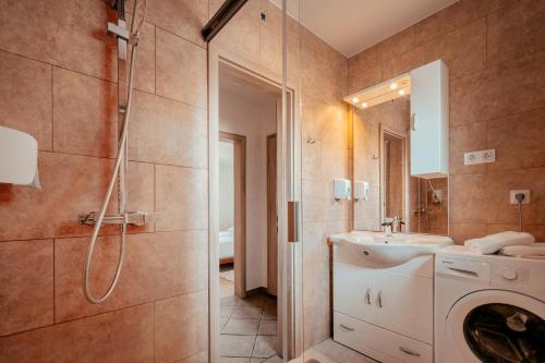 a bathroom with a shower and a sink and a washing machine at Apartments in Villa Olimp in Ljubljana