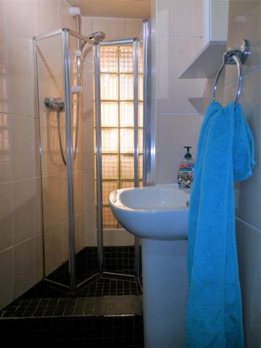 a bathroom with a sink and a shower at Heritage City - The Auld Pottery in Edinburgh