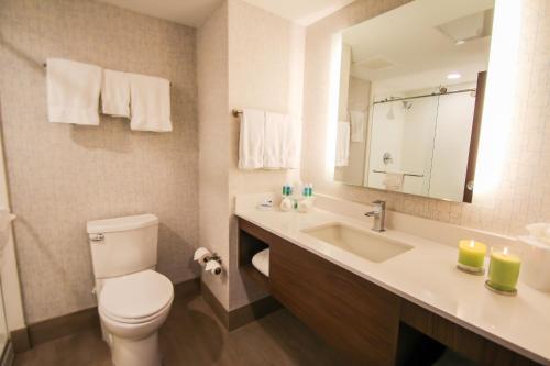 a bathroom with a toilet and a sink and a mirror at Holiday Inn Express & Suites Miami Airport East by IHG in Miami