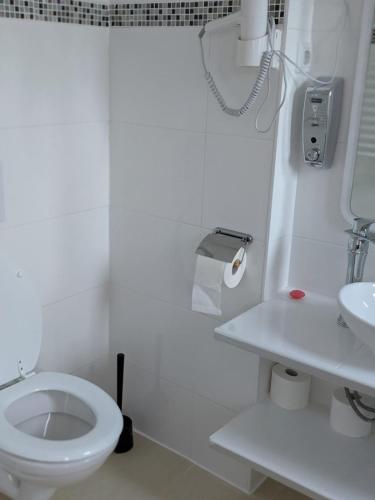 a white bathroom with a toilet and a sink at Asiatisches Landhaus in Braunsbedra