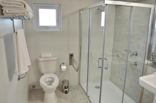 a bathroom with a toilet and a glass shower at Hotel Cinco Tierras in San Carlos