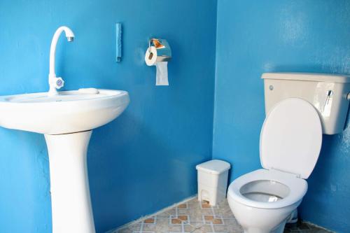 a blue bathroom with a toilet and a sink at Tamba Kuruba Eco-lodge in Folonko