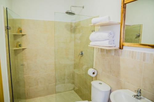 a bathroom with a shower and a toilet and a sink at Hotel Restaurante Selva Negra in Turbaco