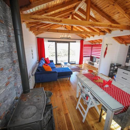 a living room with a stove and a couch at Çınarhan Villas in Agva
