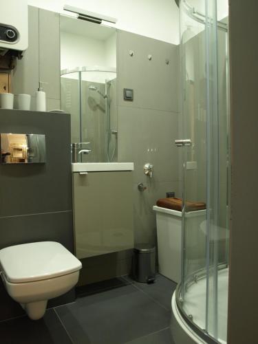 a bathroom with a toilet and a glass shower at Apartament Kosciuszki in Wrocław