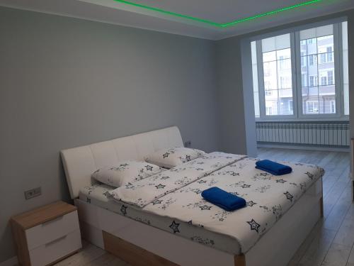 1 dormitorio con 1 cama con 2 almohadas azules en Люкс 2 en Úzhgorod
