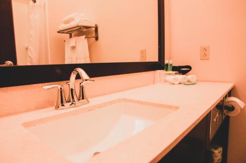 a bathroom with a sink and a large mirror at Holiday Inn Express & Suites Cumberland - La Vale by IHG in La Vale