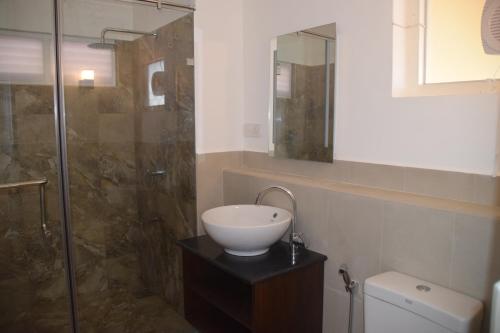 a bathroom with a sink and a shower at Sanmali Beach Hotel in Marawila