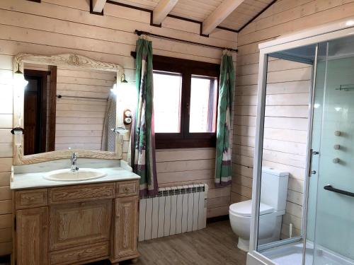 bagno con lavandino, servizi igienici e specchio di CASA MIRALCEL a Ager