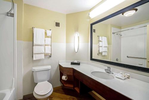 a bathroom with a toilet and a sink and a mirror at La Quinta by Wyndham Memphis Primacy Parkway in Memphis