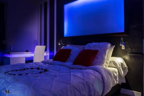 ein Schlafzimmer mit einem Bett mit blauem Schirm darüber in der Unterkunft ADsweet in Épernay