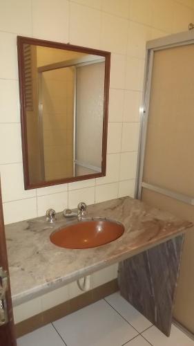 a bathroom with a sink and a mirror at Sayuri hotel in Foz do Iguaçu