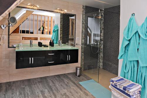 une salle de bain avec un lavabo et une douche dans l'établissement La noyeraie du port d'enveaux, à Saint-Vincent-de-Cosse