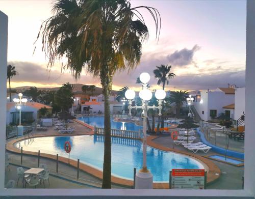 a view of a swimming pool with palm trees and buildings at Puerta del Sol casa Lily Caleta de Fuste in Caleta De Fuste