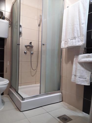 a bathroom with a shower and a sink at Prenoćište Konstantin 2008 in Niš
