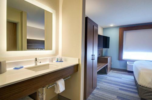 a bathroom with a sink and a bed and a mirror at Holiday Inn Express & Suites North Platte, an IHG Hotel in North Platte