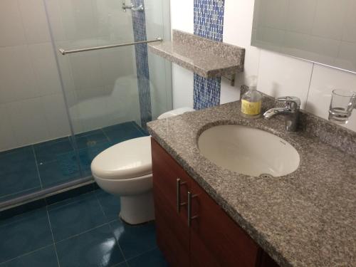 a bathroom with a sink and a toilet and a shower at Casa Vacacional La Estación Paipa in Paipa