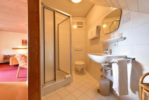 a bathroom with a shower and a sink and a mirror at Gästehaus Roseneck in Todtmoos